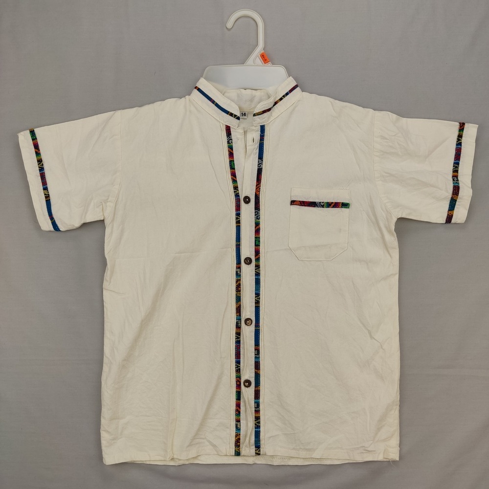 Unbranded Button Up Shirt Boys 14 White Boho Ethnic‎ Woven Trim Mandarin Collar